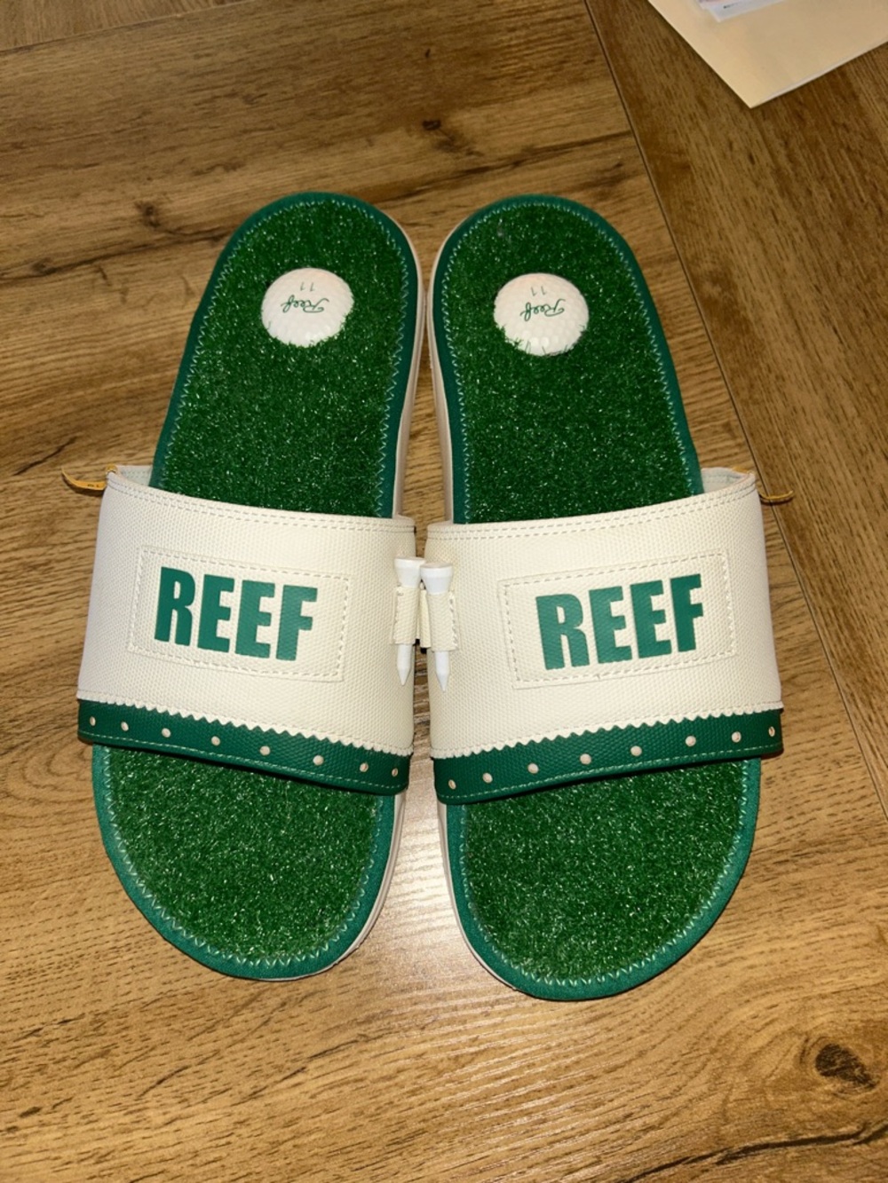 Reef White and Green Turf Slide Sandals